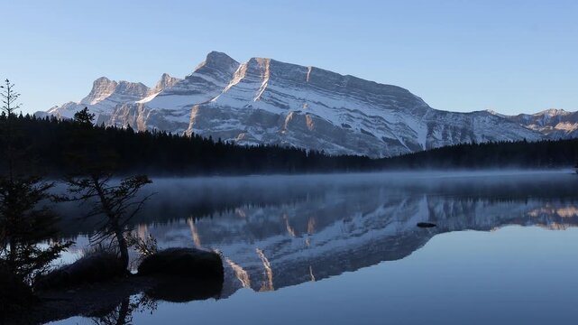 Two Jack lake on foggy morning looking at Mount Rundle