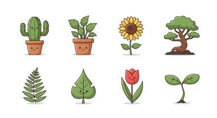 Cartoon plants collection smiling cactus flowers and foliage on white