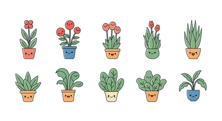 Cartoon plants in pots cheerful vector illustrations for various projects