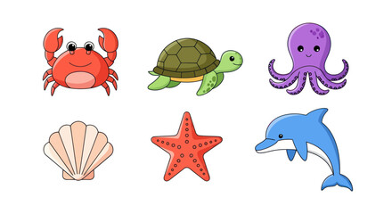 Cartoon sea creatures collection crab turtle octopus starfish dolphin and shell