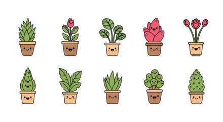 Cartoon potted plants collection cheerful smiling faces for various design projects