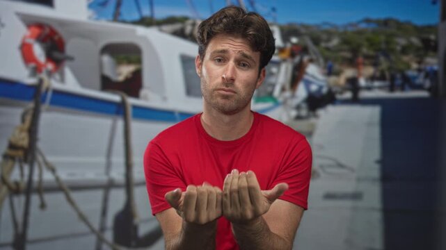 Man with open palms extended on a boat at a port, hands held out in pleading gesture showing empty palms; pleading.