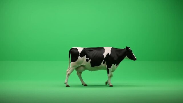 Dynamic black and white cow walks across vibrant green screen background, perfect for agricultural or storytelling projects