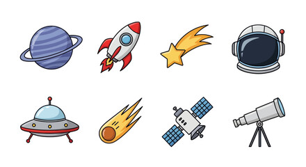 Cartoon space elements set rocket comet astronaut helmet planet