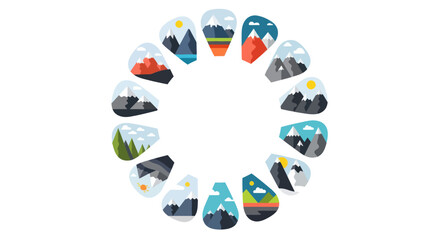 Abstract mountain landscape illustrations arranged in a circular pattern