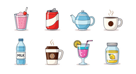 Assortment of beverages drinks in cartoon style isolated on white