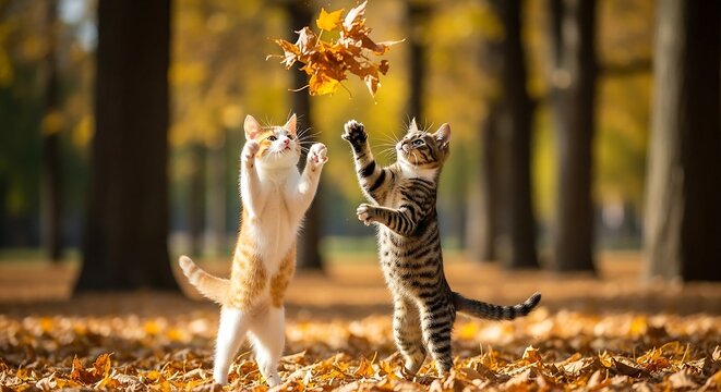 two playful kittens reaching for falling autumn leaves in a sunny park capturing the joy of fall and seasonal pet fun ideal for pet blogs