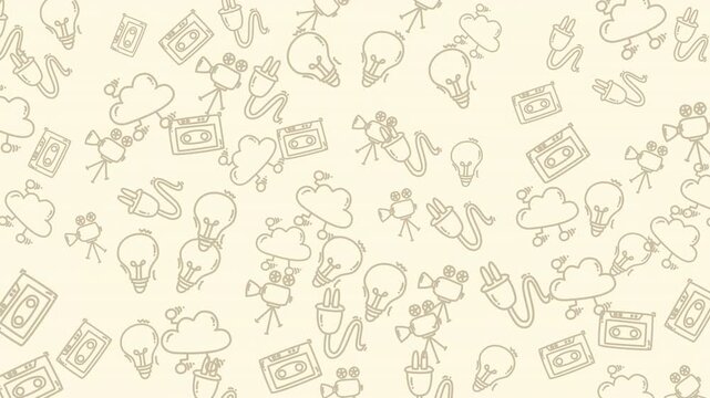 A whimsical doodle pattern featuring light bulbs, clouds, cassette tapes, and stick figures on a cream background.
