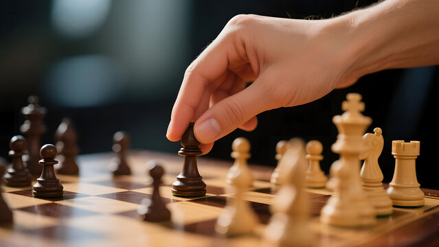 A close-up shot of a hand making a move on a chessboard. The focus is on the hand and the chess pieces, highlighting the strategy and concentration involved in the game.