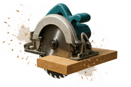 Circular saw cutting wood, creating sawdust and wood chips, woodworking power tool on transparent background