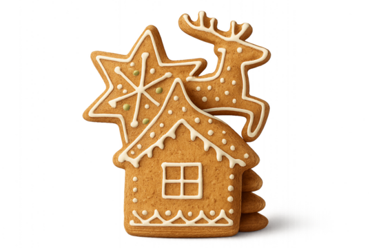 Charming gingerbread cookies enhance holiday cheer with star, house, and reindeer shapes