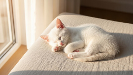 Adorable white kitten napping peacefully in sunbeam by window, pure innocence and tranquility for heartwarming projects, evoking feelings of comfort and bliss