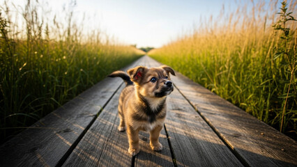 Adorable puppy exploring nature trail on sunny day, a heartwarming moment of canine curiosity and youthful charm for pet lovers and outdoor adventurers