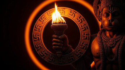 Detailed statue of Hanuman holding flaming torch, radiating spirituality and cultural richness, perfect for religious celebrations or cultural insights