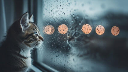 Adorable kitten gazes wistfully through rainy window, its reflection mirroring the melancholic beauty of a cozy, indoor moment, perfect for pet lovers