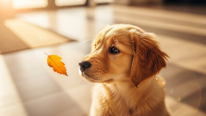 Golden retriever puppy curiously watches a falling autumn leaf in warm sunlight, symbolizing change, playfulness, and heartwarming companionship
