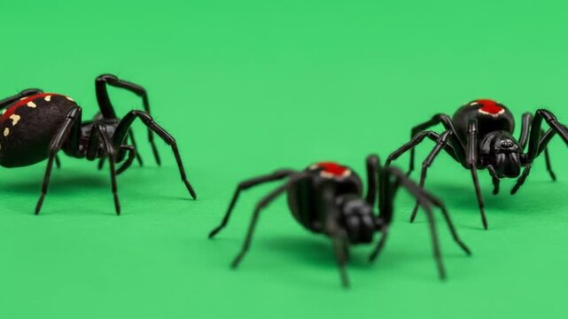 Three menacing black widow spiders with distinctive red hourglass markings creep forward in a dynamic video clip, evoking a sense of danger and suspense.