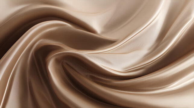 Abstract brown silk wave background. Mocha Mousse color silk texture backdrop. Neutral choco cream shade liquid gradient. Luxury wavy satin fabric swirl. Milk coffee shades 3D vector Stock Vector