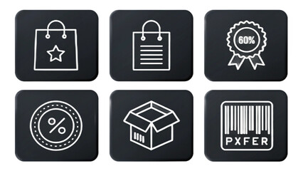 Illustration of shopping bags with star, list, discount badge, percentage, open box and barcode on black squares vreated with genrated ai