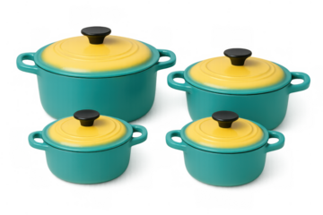 Cast iron dutch ovens set in teal and yellow color cooking pots for home kitchen on transparent background