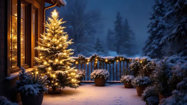 Cozy Winter Evening Christmas Tree on Snowy Porch.