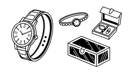 Illustration of a wristwatch, a watch bracelet, and two jewelry boxes in black and white style vreated with genrated ai