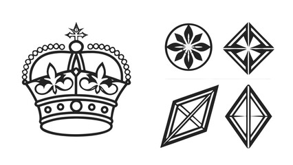 Illustration showcasing a crown with fleur de lis and geometric shapes in black and white linear style vreated with genrated ai