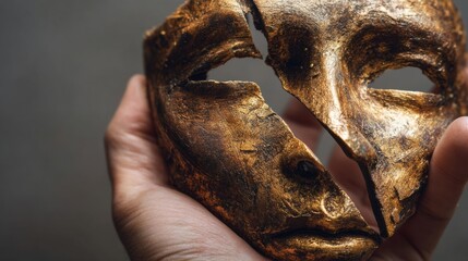 Hand Gripping a Broken Mask Representing Fear of Vulnerability and the Journey to Self-Reveal in a Subdued Setting