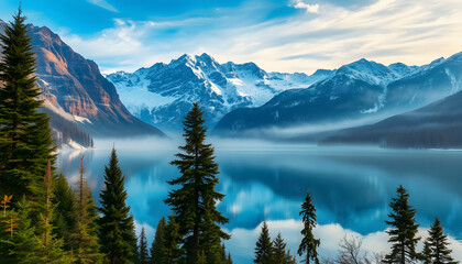 Beautiful wallpaper of a lake surrounded by trees and high snowy mountains in the background, dreamy atmosphere. White tone