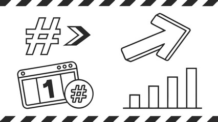Outline of hashtag to arrow, window with number one, hashtag circle, arrow up and bar chart with border vreated with genrated ai