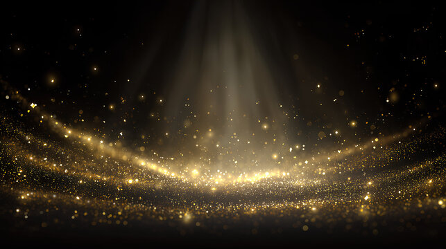 Abstract festive background with gold glitter, Christmas particles, glowing light flare, confetti, sparkle stars, magic dust, luxury texture, shiny glow, celebration illustration