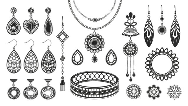 Detailed line art illustration of an assortment of earrings necklaces and a bracelet jewelry set vreated with genrated ai