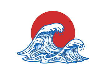 Japanese Wave Vector Illustration with Red Sun Background