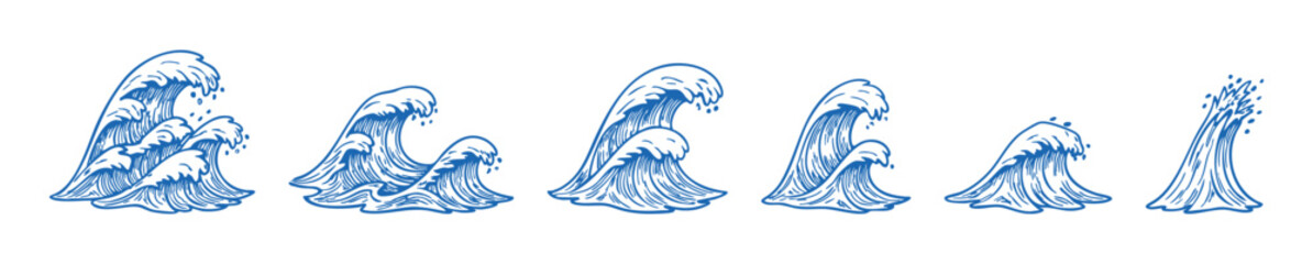 Set of Stylized Ocean Wave Vector Illustrations in Japanese Style