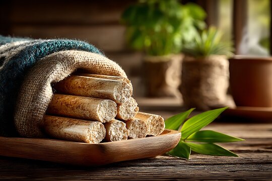 Natural bamboo pellets close view with warm tone high resolution picture