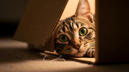Curious tabby cat with vibrant green eyes peeking from a cardboard box, inviting playful exploration and cozy moments