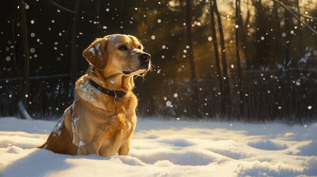 A golden Labrador retriever sits in the snow, surrounded by a winter landscape. Snowflakes fall gently around the dog, creating a serene holiday atmosphere.
