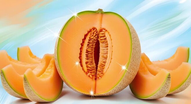 A halved cantaloupe with slices on a colorful background image