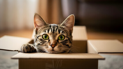 Curious tabby cat peeking out of a cardboard box, with captivating green eyes and a playful paw extended, perfect for pet-themed promotions.