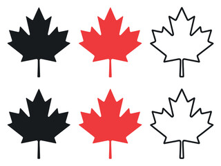 Collection of Canadian maple leaves in black, red, and outline formats.