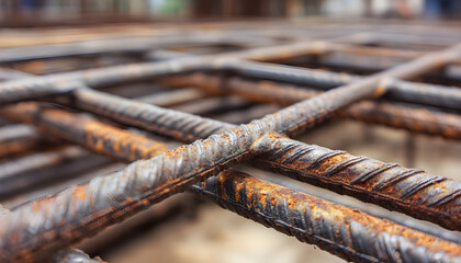 Close-up of rusted steel rebar forming a grid for reinforced concrete.