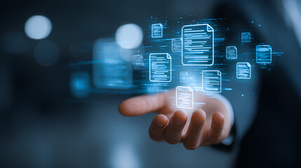 Ai Futuristic Document management concept, check electronic documents on digital documents on virtual screen Document Management System and process automation to efficiently document paperless operate
