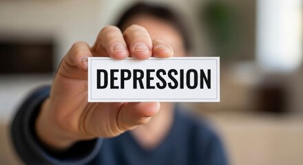 Depression Awareness: A hand extends, holding a sign bearing the word DEPRESSION, inviting empathy and shedding light on the silent struggles of mental well-being.