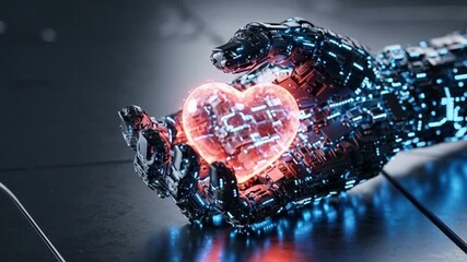 Robotic hand gently holding glowing heart in digital space, showing love and technology merging in a futuristic, dynamic way - Powered by Adobe