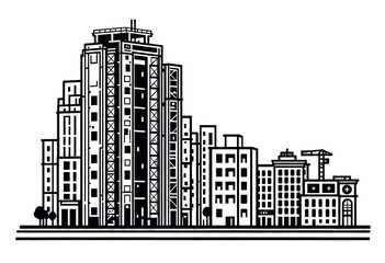 Obraz premium Black and White Cityscape Illustration of Modern Skyscrapers and Buildings in Minimalist Style
