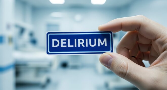  Delirium: a hand holds a small sign with the word delirium in front of an out-of-focus background of a hospital room, it shows a mental state.