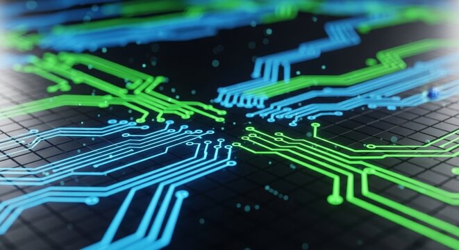 Futuristic circuit board design with interconnected pathways and glowing traces