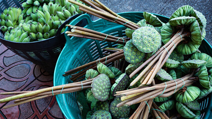 thailand food market street colourful interesting flowers lotus fruit spice