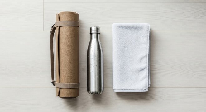 Minimalist still life of yoga mat water bottle and towel on wood floor