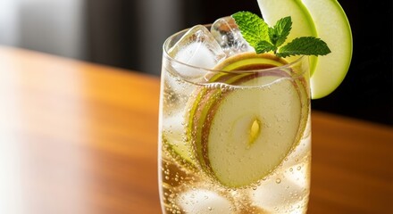 Refreshing sparkling apple drink with ice, garnished with apple slices and fresh mint, on a warm wooden table.